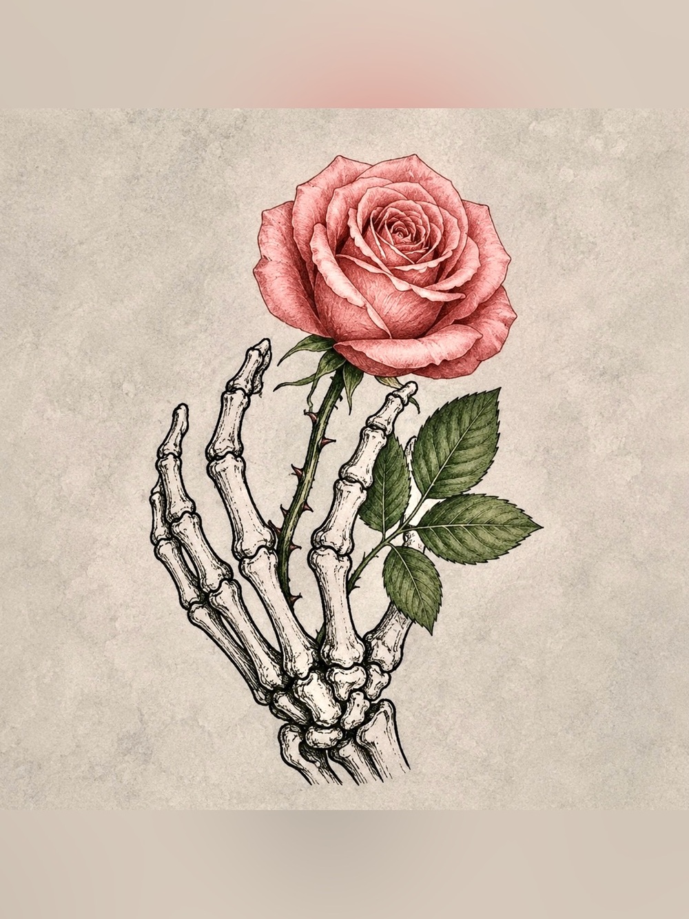 8x8 Black Framed Skeleton Hand & Pink Rose Wall Art Print